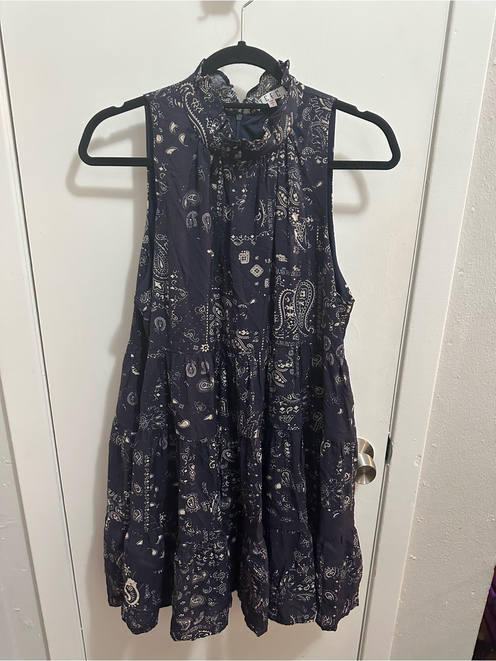 TCEC Navy and White Paisley Ruffled Neck Dress